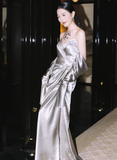Glam Strapless Sheath Long Prom Dresses Satin Silver Grey Evening Dresses HZ1121