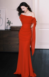 Chic Off-the-shoulder Sheath Long Prom Dresses Chiffon Wine Red Evening Dresses HZ1121
