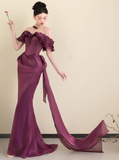 Chic Off-the-shoulder Mermaid Long Prom Dresses Satin Grape Evening Dresses HZ1121