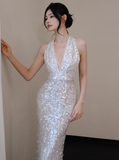 Sexy V neck Mermaid Long Prom Dresses Sequin White Evening Dresses HZ1121