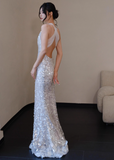 Sexy V neck Mermaid Long Prom Dresses Sequin White Evening Dresses HZ1121