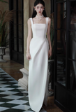 Elegant Square Neck Sheath Long Prom Dresses Satin White Evening Dresses HZ1121