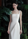 Elegant Square Neck Sheath Long Prom Dresses Satin White Evening Dresses HZ1121