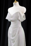 Glam Strapless Sheath Long Prom Dresses Net Silver Evening Dresses HZ1121