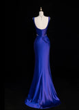 Chic Strap Sheath Long Prom Dresses Satin Royal Blue Evening Dresses HZ1121
