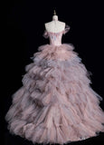 Fairy Sweetheart A-Line Long Prom Dresses Lace Tulle Pink Evening Dresses HZ1121