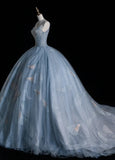 Gorgeous Spaghetti Strap A-Line Long Prom Dresses Tulle Sequined Gray Blue Evening Dresses HZ1121