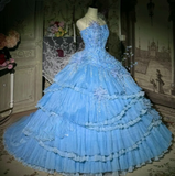 Gorgeous Strapless Ball Gown Chiffon Long Prom Dresses Blue Quinceanera Dresses Sweet 16 Dresses HZ1121