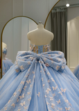 Cute Off-the-shoulder Ball Gown Tulle Long Prom Dresses Applique Blue Quinceanera Dresses Sweet 16 Dresses HZ1121