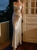 Glam Spaghetti Strap Sheath Long Prom Dresses Satin Champagne Evening Dresses HZ1121