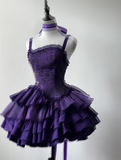 Cute Spaghetti Strap Ball Gown Tiered Chiffon Birthday Dresses Purple Lolita Dresses HZ1121