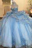 Fairy Sweetheart Neck Ball Gown Long Prom Dresses Tulle Applique Blue Quinceanera Dresses Sweet 16 Dresses HZ1121