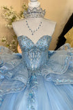 Fairy Sweetheart Neck Ball Gown Long Prom Dresses Tulle Applique Blue Quinceanera Dresses Sweet 16 Dresses HZ1121