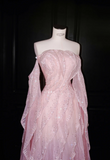 Sweet Strapless Sheath Long Prom Dresses Tulle Pink Evening Dresses HZ1121