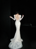 Gorgeous V-neck Mermaid Trail Wedding Dresses Beaded Applique Bridal Dresses Ivory Backless Bridal Gowns HZ1121