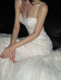 Gorgeous Spaghetti Strap Sheath Long Wedding Dresses Beaded Tulle Bridal Dresses Ivory Sleeveless Bridal Gowns HZ1121