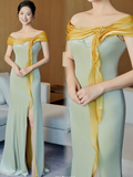 Glam Off-the-shoulder Sheath Green Mother of the Bride Dress Satin Green Evening Dress HZ1121