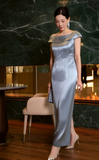 Elegant Bateau Sheath Wedding Guest Dresses Satin Beaded Gray Blue Mother of the Bride Dresses HZ1121