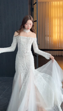 Timeless Off-the-shoulder Sheath Long Wedding Dresses Tulle White Bridal Gowns Long Sleeve Bridal Dresses HZ1121