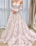 Fairy Off-the-shoulder A-Line Long Wedding Dresses Tulle Applique White Bridal Gowns Long Sleeve Bridal Dresses HZ1121