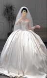 Gorgeous Off-the-shoulder Ball Gown Satin Long Wedding Dresses Beaded Ivory Bridal Gowns Short Sleeve Bridal Dresses HZ1121