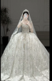 Gorgeous Square Neck Ball Gown Tulle Long Wedding Dresses Beaded White Bridal Gowns Long Sleeve Bridal Dresses HZ1121