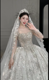 Gorgeous Square Neck Ball Gown Tulle Long Wedding Dresses Beaded White Bridal Gowns Long Sleeve Bridal Dresses HZ1121