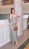 Elegant Spaghetti Strap Sheath Green Formal Dresses Satin Sleeveless Green Bridesmaid Dresses HZ1121