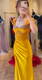 Chic Sheath Yellow Long Prom Dresses Satin Beading Yellow Wedding Guest Dresses HZ1121