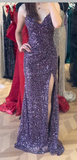 Chic Sheath Purple Long Prom Dresses with Slits Sequin Purple Wedding Guest Dresses HZ1121
