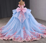 Fairy Off-the-shoulder Ball Gown Blue Long Prom Dresses Tulle Applique Blue Quincea?a Dresses Sweet 16 Dresses HZ1121