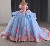 Fairy Off-the-shoulder Ball Gown Blue Long Prom Dresses Tulle Applique Blue Quincea?a Dresses Sweet 16 Dresses HZ1121