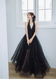 Elegant Vneck A-line Black Long Evening Dresses Sequin Tulle Black Birthday Dresses HZ1121