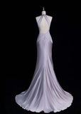 Elegant Halter Mermaid Long Prom Dress Satin Gray-Purple Evening Dress HZ1121