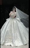 Timeless Off-Shoulder Ball Gown Long Wedding Dresses Rhinestone Tulle White Bridal Gowns Short-Sleeve Bridal Dresses HZ1121