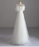 Simple Off-Shoulder A-Line Long Wedding Dress Tulle White Bridal Gown Short Sleeve Bridal Dress HZ1121