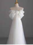 Simple Off-Shoulder A-Line Long Wedding Dress Tulle White Bridal Gown Short Sleeve Bridal Dress HZ1121