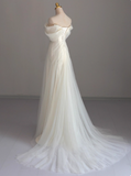 Simple Off-Shoulder A-Line Long Wedding Dress Tulle White Bridal Gown Short Sleeve Bridal Dress HZ1121