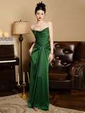 Elegant Strapless Sheath Long Prom Dresses Satin Dark Green Evening Dresses HZ1121