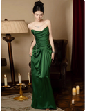 Elegant Strapless Sheath Long Prom Dresses Satin Dark Green Evening Dresses HZ1121
