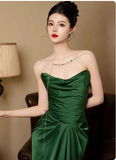 Elegant Strapless Sheath Long Prom Dresses Satin Dark Green Evening Dresses HZ1121