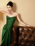 Elegant Strapless Sheath Long Prom Dresses Satin Dark Green Evening Dresses HZ1121