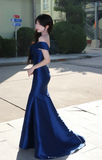 Elegant Off-Shoulder Mermaid Long Prom Dresses Satin Navy Blue Evening Dresses HZ1121