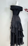 Elegant Off-Shoulder Sheath Long Prom Dresses Satin Black Evening Dresses HZ1121