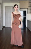 Elegant Spaghetti Straps Sheath Long Prom Dresses Satin Brown Wedding Guest Dresses HZ1121