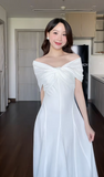 Elegant Off-Shoulder A-Line Long Prom Dress Chiffon White Wedding Guest Dress HZ1121
