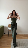 Elegant Strapless Mermaid Long Prom Dress Satin Dark Green Evening Gown HZ1121