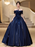 Elegant Cap Sleeve A-Line Prom Dress Satin Navy Blue Evening Gown HZ1121