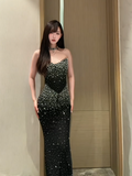 Elegant Strapless Sheath Long Prom Dresses Rhinestone Black Evening Gown HZ1121