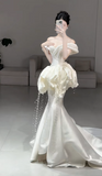 Elegant Off-the-shoulder Mermaid Long Wedding Dresses Satin White Bridal Gowns Sleeveless Bridal Dresses HZ1121